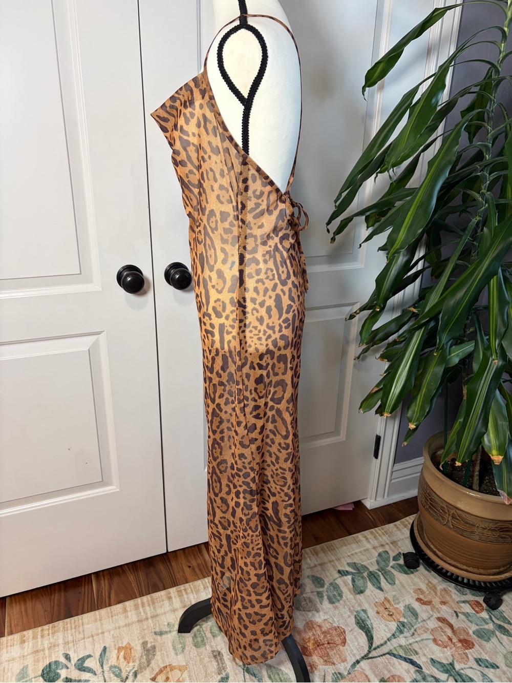 Sheer Mesh Leopard Print Cami Maxi Dress Body-con with Strap Back - Picture 7 of 10